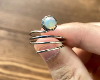 Opal Ring, 925 Sterling Silver Spiral Band, Adjustable Fit