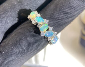 Opal Cluster Sterling Silver Band Ring - Dainty Half-Eternity
