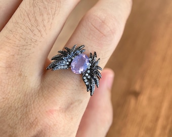 Sterling Silver Angel Wing Ring: Gothic Amethyst Gemstone Jewelry