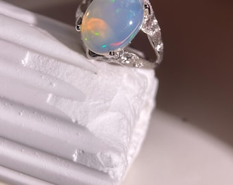 White Opal Ring: 925 Sterling Silver Twig Band, October Birthstone