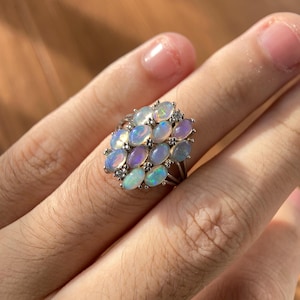 Opal Cluster Ring 925 Sterling Silver | Blomma Halo Regnbåge Eld