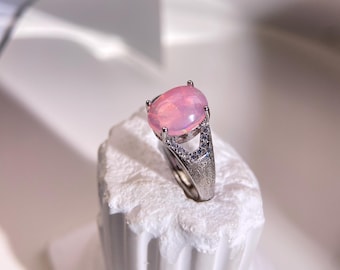 Pink Opal Cabochon Ring, Sterling Silver Split Shoulder Band