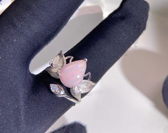 Teardrop opal lotus ring in sterling silver adjustable nature jewelry