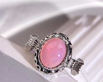 Vintage Pink Opal Ring, Sterling Silver Scalloped Bezel, Boho Statement