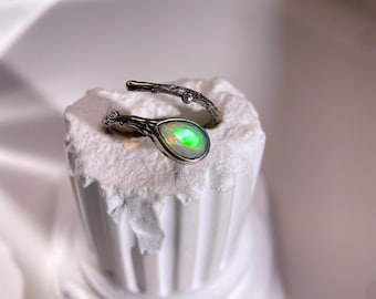 Teardrop Opal Ring, Sterling Silver Twig Wrap, Boho Jewelry