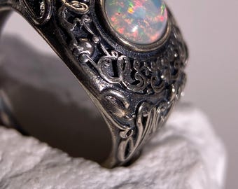 Vintage scroll cabochon statement band 925 silver