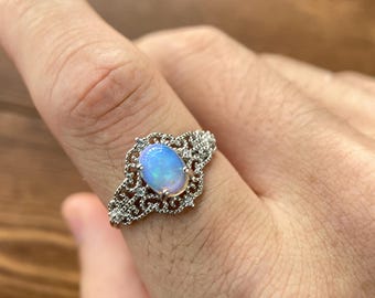 Vintage Halo Opal Ring, Filigree 925 Sterling Silver