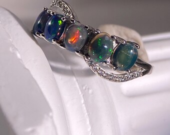 Five stone aurora cabochon 925 silver band