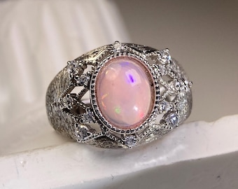 Vintage Filigree Opal Halo Band, Milgrain Detail