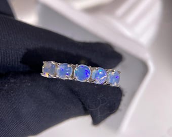 Opal Cabochon Sterling Silver Band - Dainty Stackable Ring