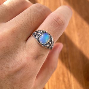 Vintage flame glow cabochon wide band 925 silver