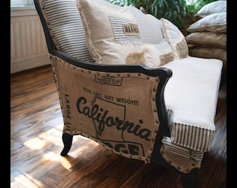 Queen Anne Sofa – Black Frame, Ticking, Drop Cloth, Grain Sack Fabric, Vintage Upholstery