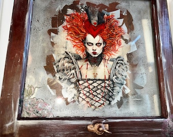Hand-Painted Mixed Media Window Art | Queen of Hearts “Sovereign Flame” | Gothic Wonderland Original Art