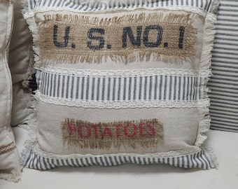 U.S. No. 1 Vintage Agri Sack Pillow Cover Square Farmhouse Decor