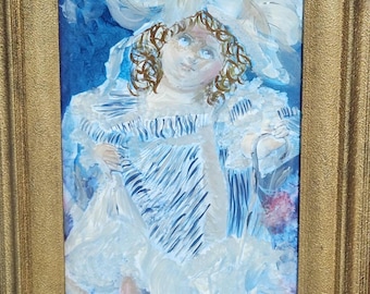 Obra de arte original "Soñando en azul" / Retrato vintage pintado al reverso, marco dorado.