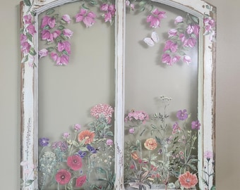 Cuadro decorativo de pared con ventana arqueada recuperada / Tapiz floral de técnica mixta pintado a mano