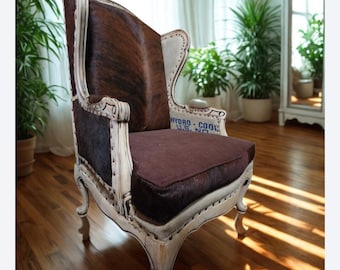 Cowhide Wingback Chair – One of a Kind | Vintage Grain Sack, Red Dragon Back, English Country Farmhouse Accent Chair