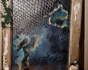 Mermaid Coastal Mixed Media Art on 1920s Window | Ocean Fantasy Decor | One of a Kind