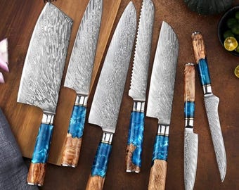 Ensemble de couteaux de cuisine faits main en acier damas | Manche en bois et résine, ensemble de chef 7 pièces