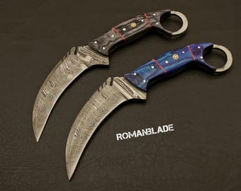 Karambits de acero de Damasco hechos a mano, de estilo atemporal, con mango de madera de palisandro rosa. Un regalo perfecto.