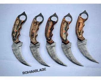20 cuchillos karambit de acero de Damasco hechos a mano – Juego de caza con espiga completa y fundas de cuero