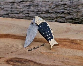 Handmade Blue Fish Damascus Pocket Knife – Personalized Folding Knife with Leather Sheath | Unique Gift for Him