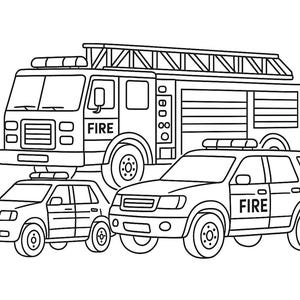 Peut inclure: Illustration en noir et blanc de véhicules d'urgence. Un camion de pompiers avec une échelle, un SUV de police et une berline de police sont représentés. Le mot "FIRE" est visible sur le camion de pompiers et le SUV.