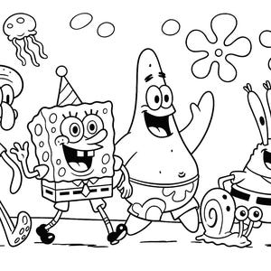 Può includere: Disegno a tratto in bianco e nero di SpongeBob SquarePants e dei suoi amici, tra cui Squiddi, Patrick Stella, Mr. Krabs e Gary la lumaca. I personaggi camminano e sorridono, con cappelli da festa ed elementi decorativi.