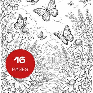 Może przedstawiać: Czarno-biała ilustracja sceny ogrodowej z motylami, kwiatami i ścieżką. Obraz zawiera stokrotki, tulipany i inne rośliny. Czerwone koło z napisem "16 PAGES" znajduje się w lewym dolnym rogu.