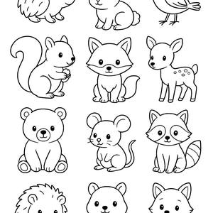 Puede incluir: Ilustraciones en blanco y negro de varios animales del bosque. La imagen incluye un erizo, un conejo, un p&aacute;jaro, una ardilla, un zorro, un ciervo, un oso, un rat&oacute;n y un mapache, todos con un estilo de dibujos animados.