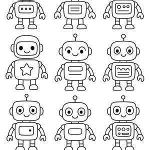 Puede incluir: Ilustraci&oacute;n en blanco y negro con nueve robots de dibujos animados con varios dise&ntilde;os de cuerpo y antenas. Debajo de los robots hay tres mariposas. Los robots tienen caras sonrientes y son adecuados para libros para colorear o manualidades infantiles.