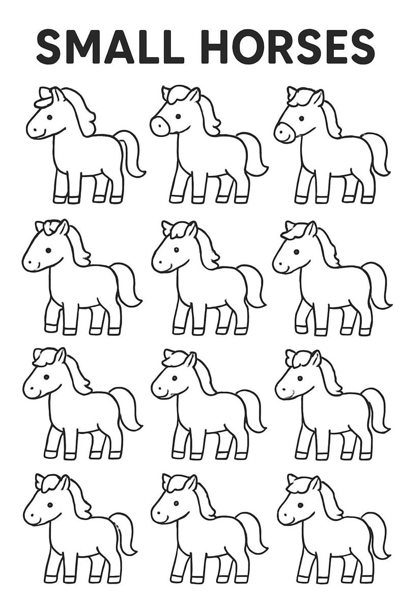 Puede incluir: Ilustraci&oacute;n en blanco y negro con el texto "SMALL HORSES" en la parte superior. Debajo, hay una cuadr&iacute;cula de doce caballos de dibujos animados. Cada caballo es un simple dibujo lineal con crin, cola y cuatro patas.