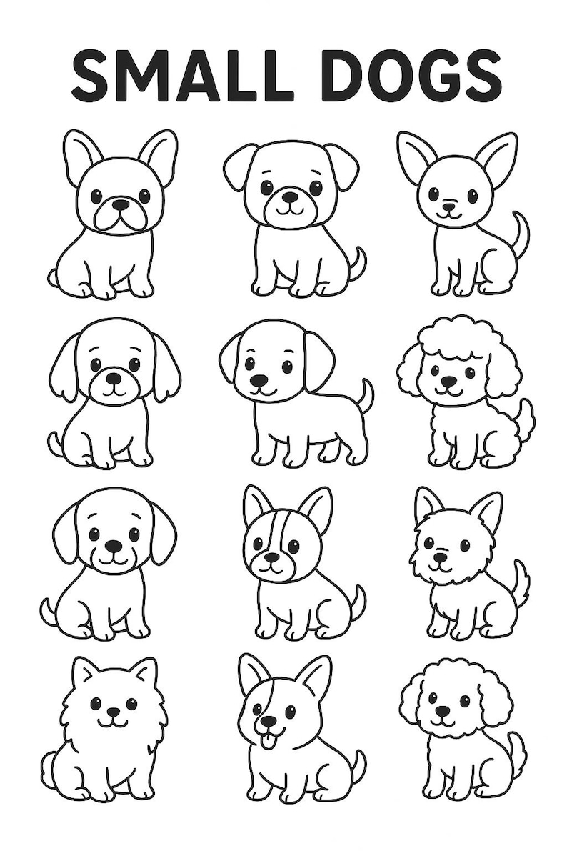 Puede incluir: Ilustraci&oacute;n en blanco y negro de varias razas de perros peque&ntilde;os. La imagen presenta dibujos de estilo caricatura de diferentes perros, incluyendo un Bulldog Franc&eacute;s, un Chihuahua y un Caniche. El texto "SMALL DOGS" est&aacute; en la parte superior.