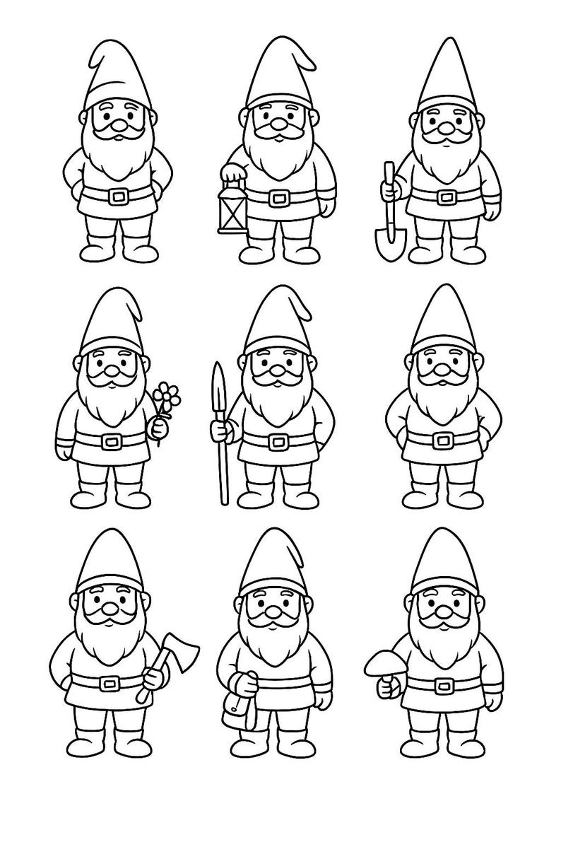 Puede incluir: Nueve ilustraciones en blanco y negro de gnomos de jard&iacute;n. Cada gnomo tiene un gorro puntiagudo, una larga barba y un cintur&oacute;n. Algunos gnomos sostienen una linterna, una pala, una flor, una lanza, un hacha, una bolsa y una seta.