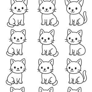 Puede incluir: Ilustraci&oacute;n en blanco y negro con el texto "SMALL CATS" en la parte superior. Nueve gatos de dibujos animados con caras sonrientes, bigotes y en posici&oacute;n sentada. Los gatos son blancos con contornos negros.