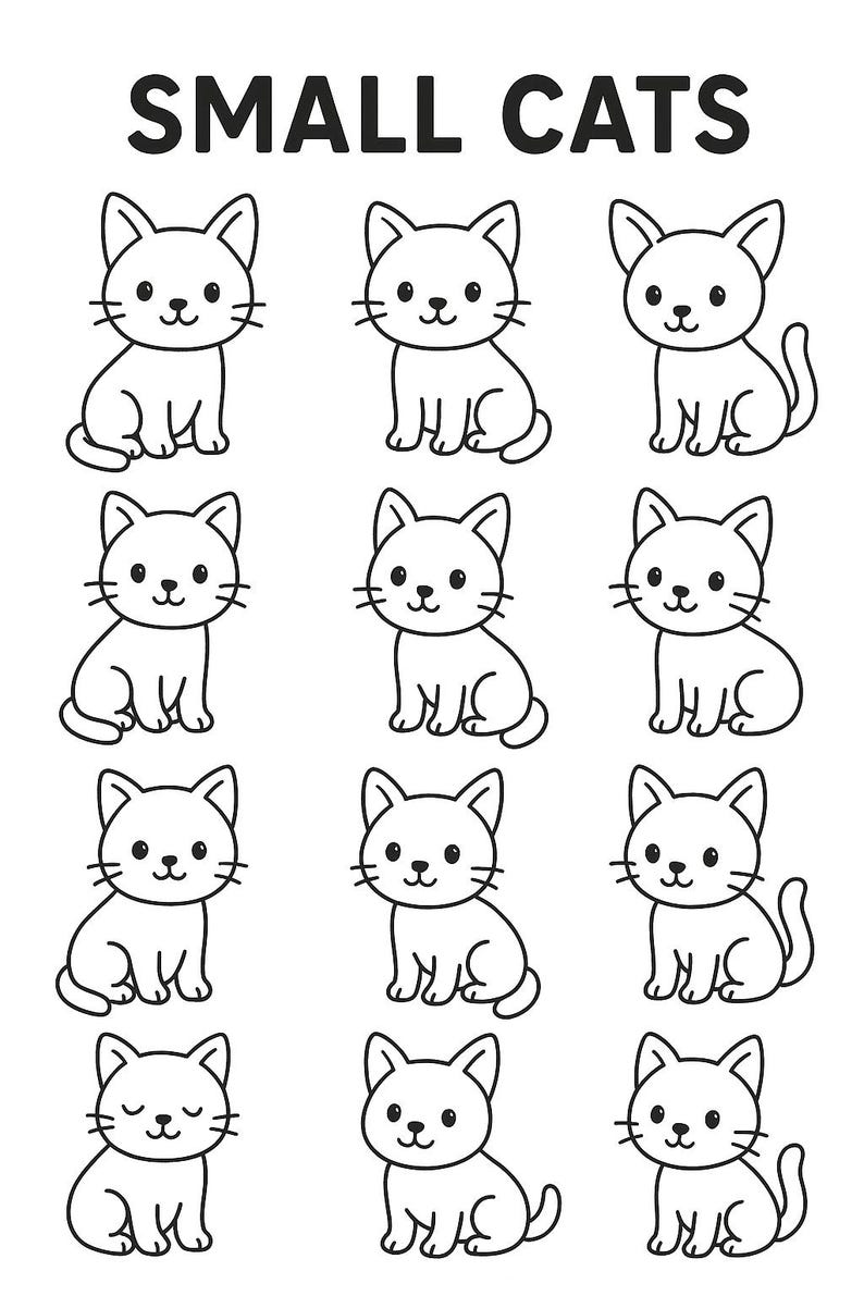 Puede incluir: Ilustraci&oacute;n en blanco y negro con el texto "SMALL CATS" en la parte superior. Nueve gatos de dibujos animados con caras sonrientes, bigotes y en posici&oacute;n sentada. Los gatos son blancos con contornos negros.