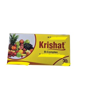 May include: A yellow box of Krishat B-Complex tablets, with a fruit illustration on the left. The box has the text "Krishat" in red and "B-Complex" in black.
