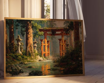 Torii Gate Forest Oil Painting | Shinto Art Poster