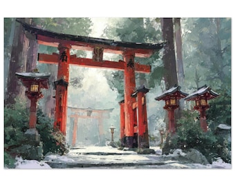 Torii Gate Painting: Early Dawn Shinto Art Poster