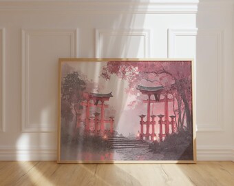 Crimson Torii Gate Watercolor Print | Shinto Art Poster