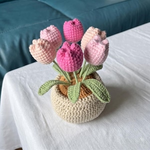 Handmade Crochet Tulip Flower Pot – Finished Yarn Tulips, Desk Decor, Home Accent