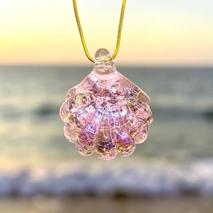 Pink Opal Luster Glass Shell Pendant Necklace Iridescent Faceted  Coastal Mermaid Jewelry Gift