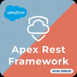 Könnte beinhalten: Digitalgrafik mit dem Salesforce-Logo und einem Cloud-Schild-Symbol. Der Text lautet "Apex Rest Framework" mit "Sofort-Download" unten. Der Hintergrund ist diagonal geteilt, mit hellblauen und orangefarbenen Abschnitten.