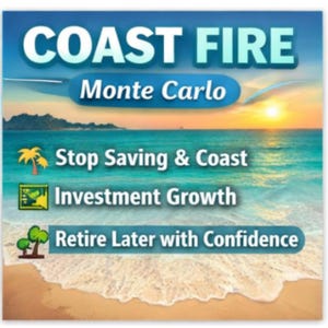 May include: A promotional graphic with the text "COAST FIRE" and "Monte Carlo" in a blue banner. The image features a beach scene with text promoting investment growth and retirement planning. The background shows a sunset over the ocean.