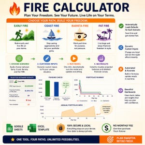 May include: A financial planning infographic titled "FIRE CALCULATOR" with a flame logo. It outlines four paths to financial independence: Early, Coast, Barista, and Fat FIRE. Includes charts, graphs, and text explaining each path and its benefits.