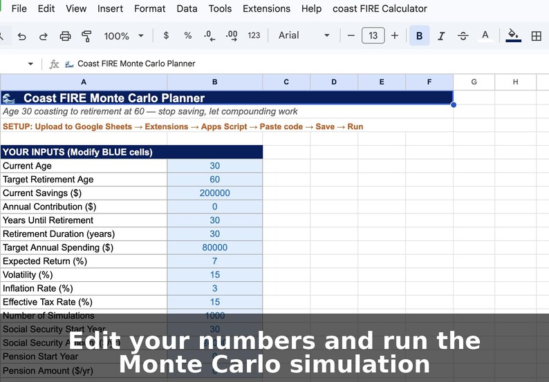 Coast FIRE Calculator Spreadsheet, Pay Cut Survival Planner, Monte ...