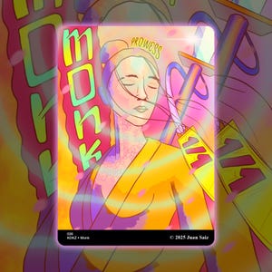 Puede incluir: Tarjeta de arte digital que presenta a una mujer con un vestido amarillo con una espada y la palabra "MONK" en letras de neón. La palabra "Prowess" está escrita sobre la cabeza de la mujer. La tarjeta también tiene los números "1/1" y el texto "© 2025 Juan Saiz".