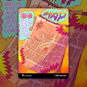 May include: A colorful map token with the word "MAP" in large letters. The card features a stylized map with the word "INTERFEST" and a compass rose. Text on the card includes instructions and the artist's copyright.