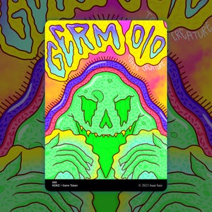 May include: A colorful Germ Token card with a green creature design. The card features the text "GERM O/O" in yellow, with additional text indicating it's a token and a creature. The bottom of the card displays the number "008" and the artist's name.