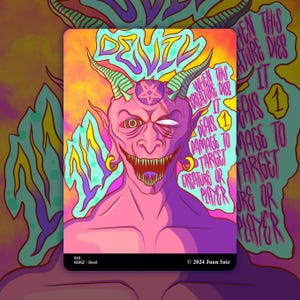 May include: A fantasy art card featuring a pink devil with green horns, a pentagram, and a sinister grin. Text includes "Devil", "When this creature dies it deals 1 damage to target creature or player."